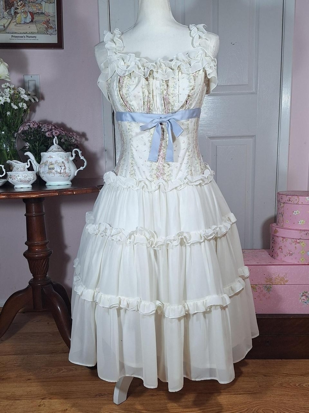 🤍 Victorian Maiden Ivory Blue Botanical Rose Tiered Classic Lolita JSK 🎀🌸